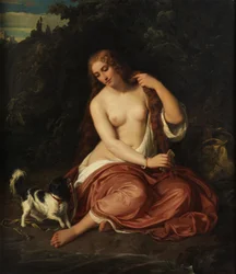 Halvnaken ung jente med hund